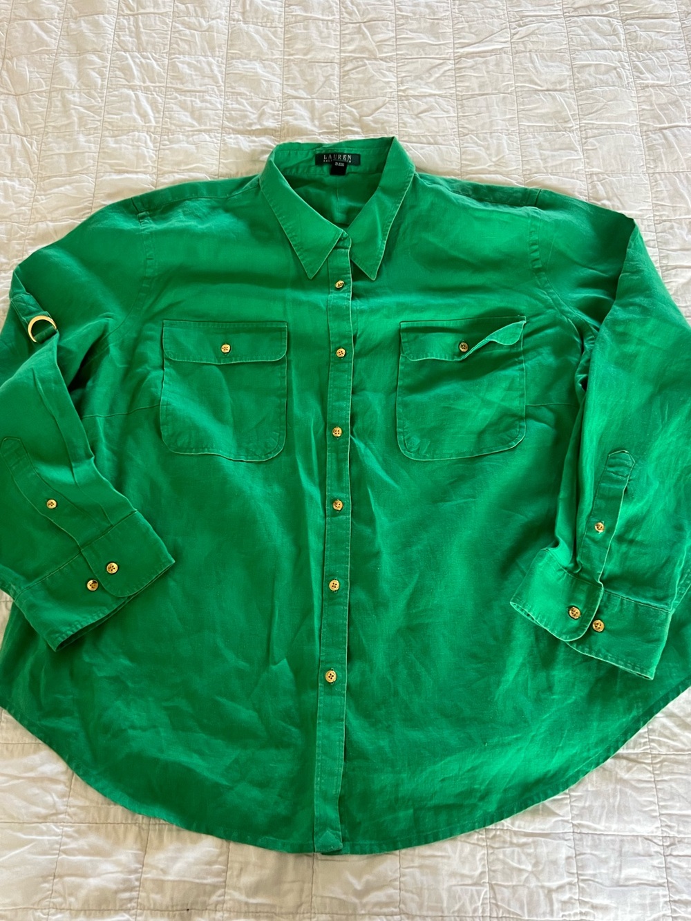 Ralph Lauren 💯 Linen green women’s button up shirt size 3X